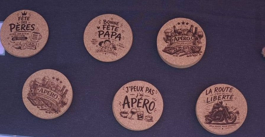 Lot de 4 dessous de verre liège gravés personnalisés